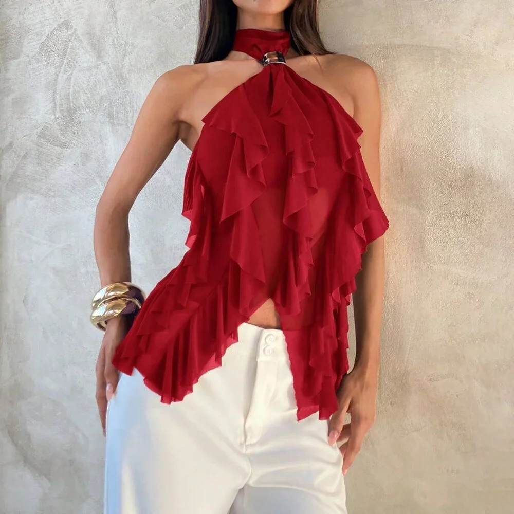 Red Casual Women's Elegant Multi-Layer Ruffle Trim Stand Collar Fitted Tank Top - Picture 7 of 8